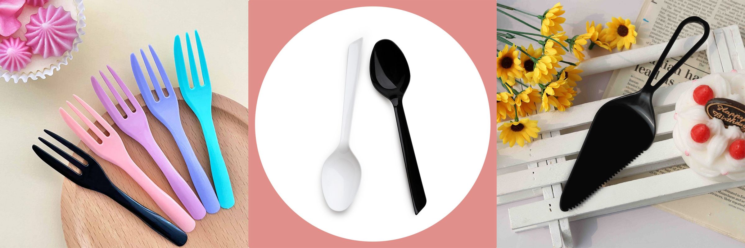 Three plastic cutlery from TAIR CHU, tested for dishwasher durability, can be machine washed at least 125 times.