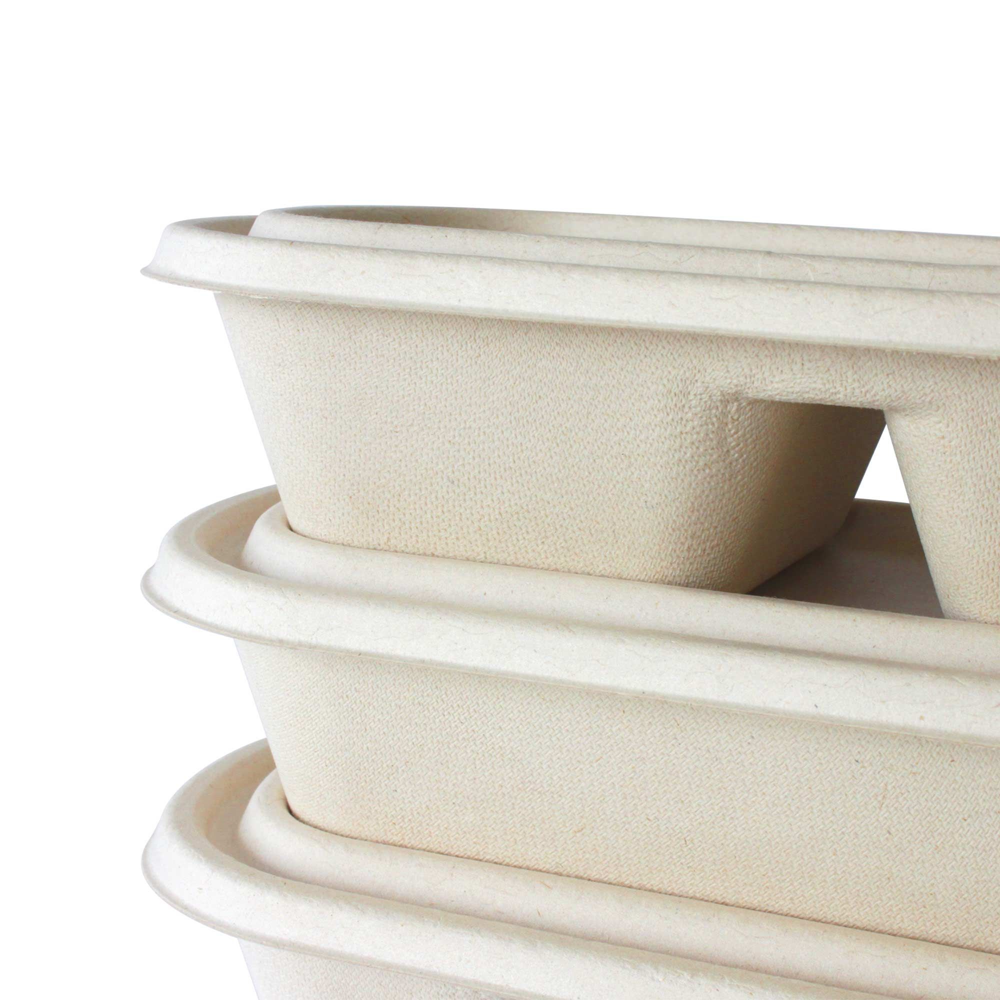 Le conteneur alimentaire en bagasse de canne à sucre a un design rainuré sur le couvercle du conteneur